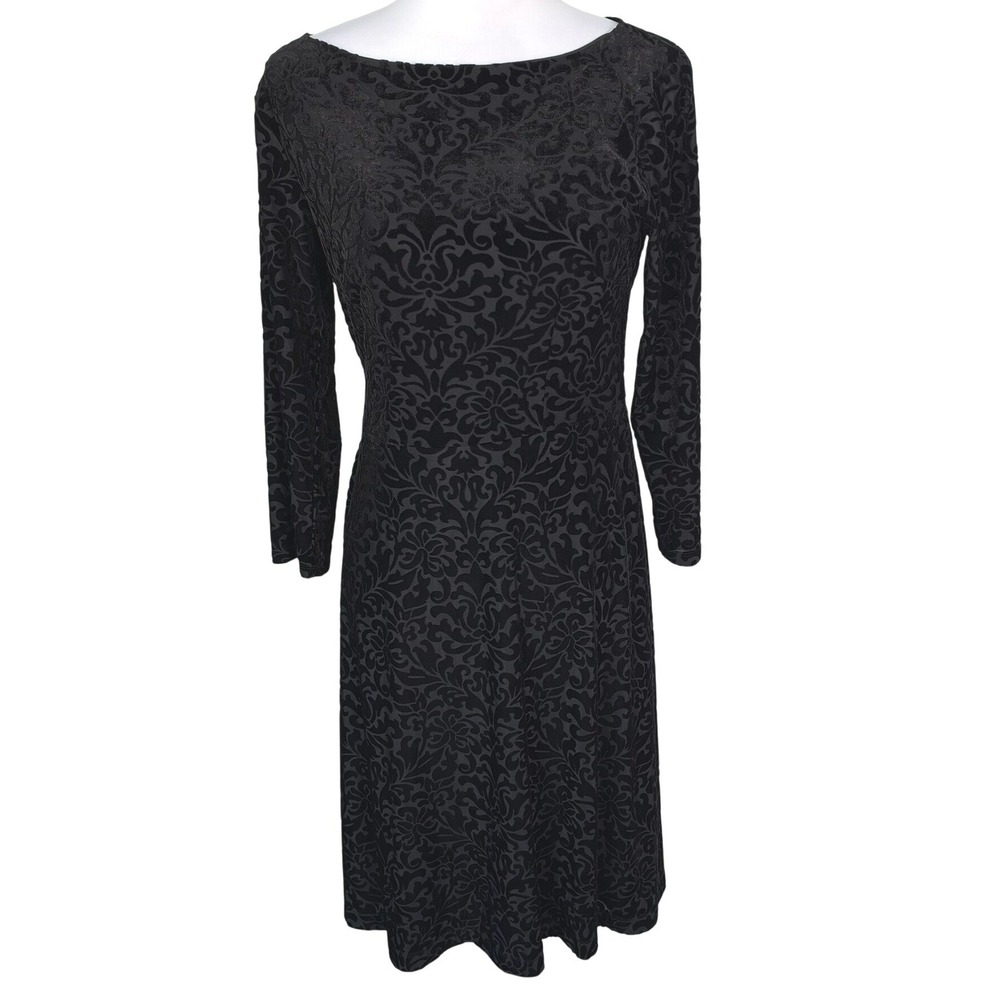 TALBOTS Women's Small Black Velvet Flocked Damask Sheath Boat Neck Midi Dress